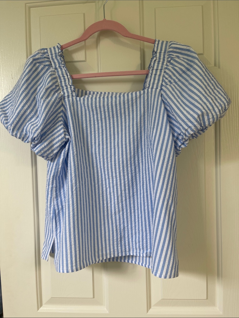 CeCe Blue and White Striped Square-Neck Puff Sleeve Top